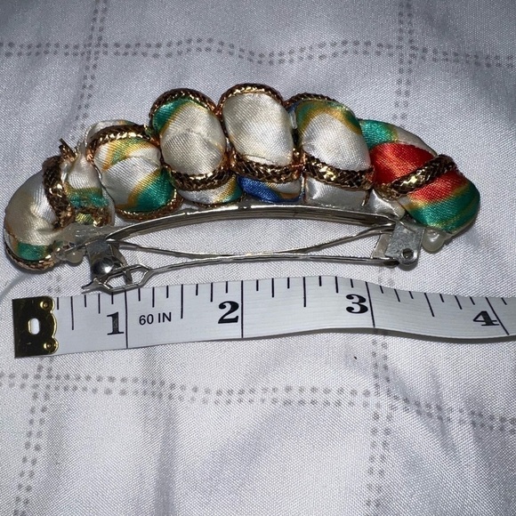 TWO sweet fabric barrettes: one like a hat with ribbon, one satin. - Picture 6 of 11